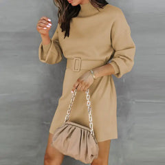 Elegant Turtleneck Sweater Dress with Belt